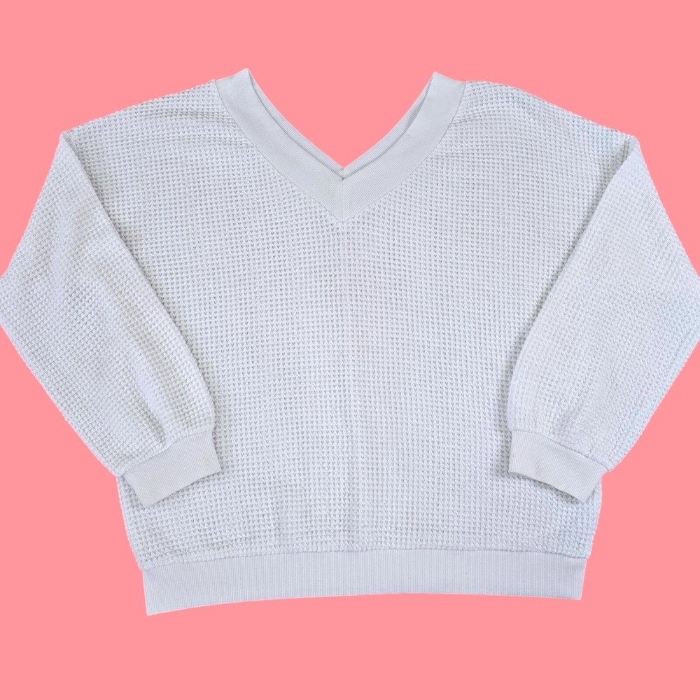 Adreamly Womens XL White Waffle Knit V Neck Oversized Thermal Sweater